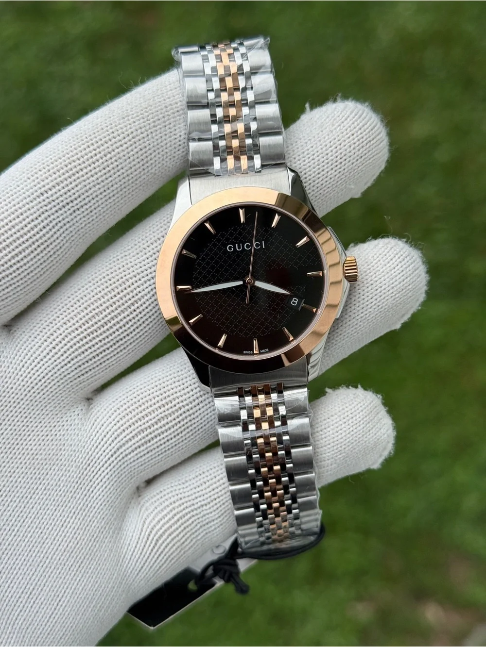 Gucci G TIME Two-Tone Silver and Rose Gold Watch with Black Dial unisex